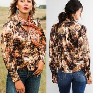 Sterling & Stitch Glitz Satin Blouse Large Brown Rhinestone Trim Western Rodeo